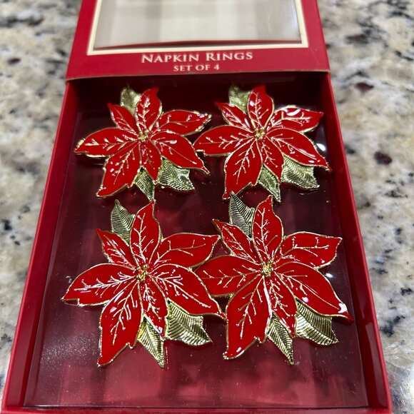 Lenox Poinsettia Napkin Rings Red And Gold Set of 4 - Picture 3 of 5